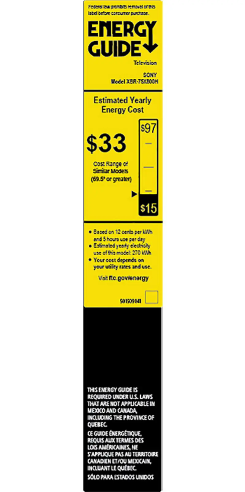 Page 1 de la notice Label énergétique Sony XBR75X800H