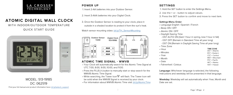 Page 1 de la notice Guide de démarrage rapide La Crosse Technology 513-1918S