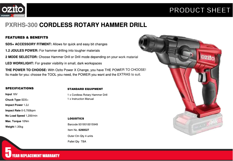 Page 1 de la notice Fiche technique Ozito PXRHS-300