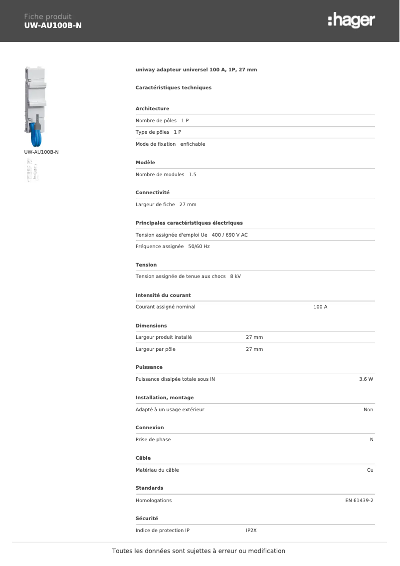 Page 1 de la notice Manuel utilisateur Hager UW-AU100B-N