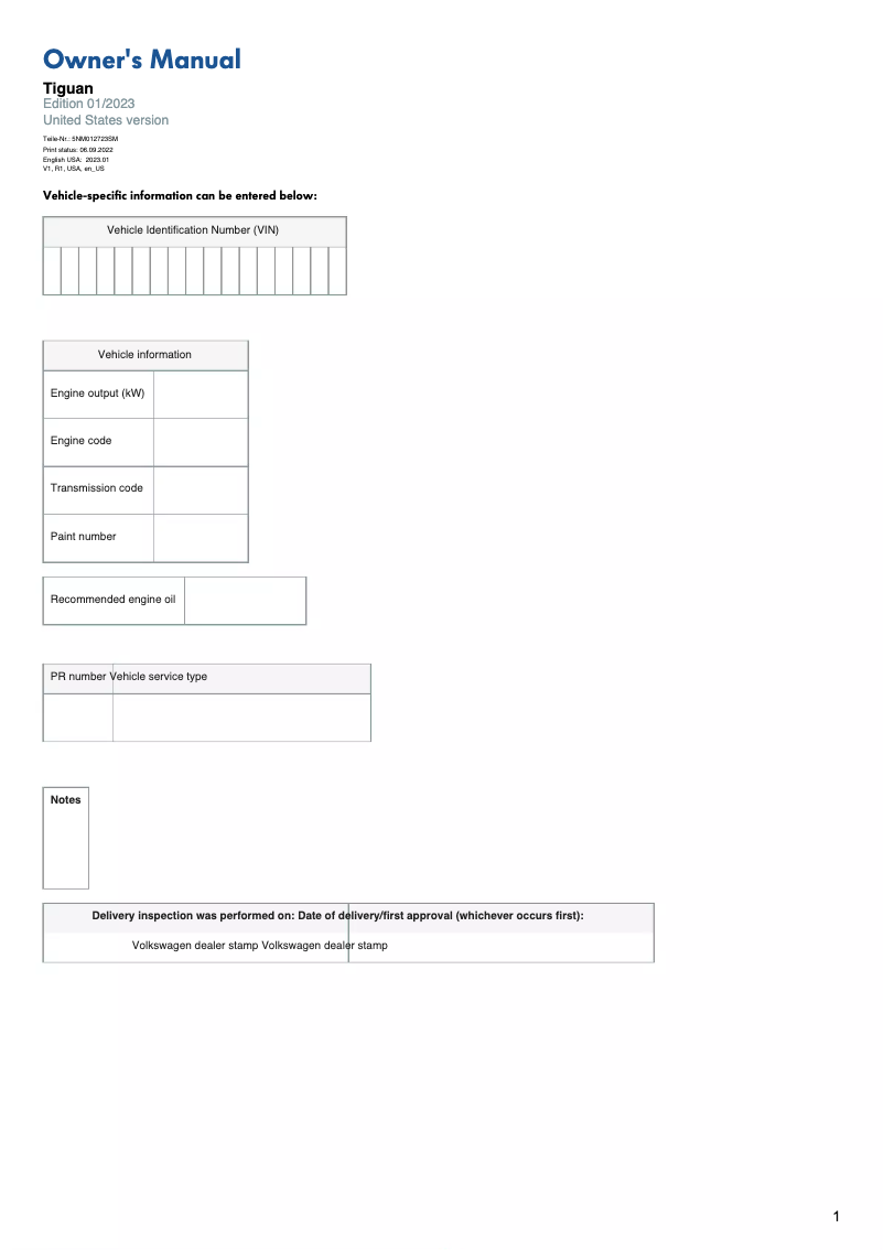 Page 1 of the manual User Manual Volkswagen Tiguan (2023)