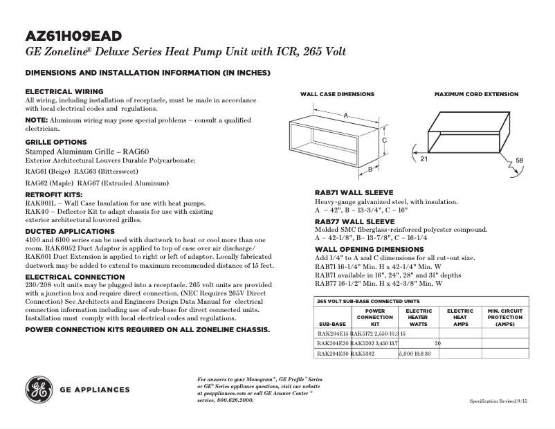 Page n°1 - Fiche technique GE AZ61H09EAD Zoneline
