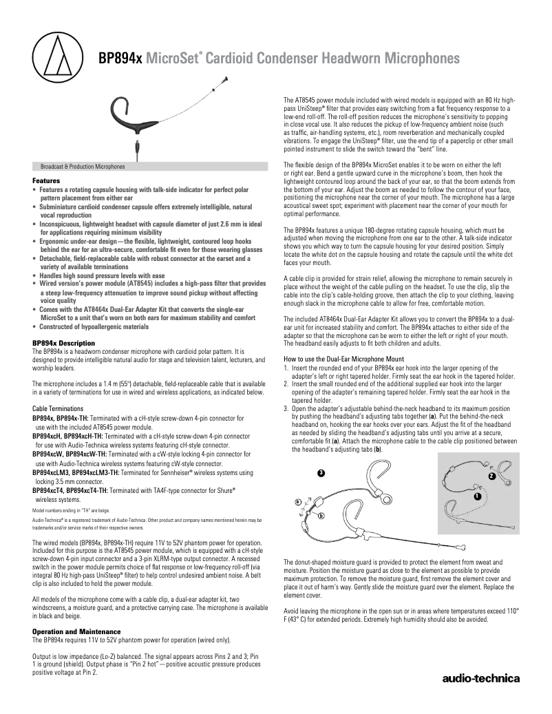 Page 1 of the manual Technical Sheet Audio-Technica BP894x