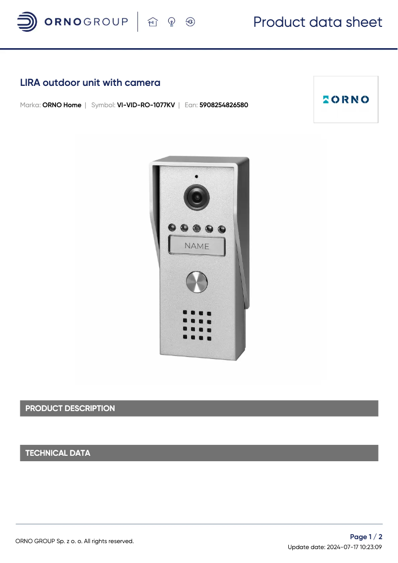 Page 1 de la notice Fiche technique Vibell VI-VID-RO-1077KV
