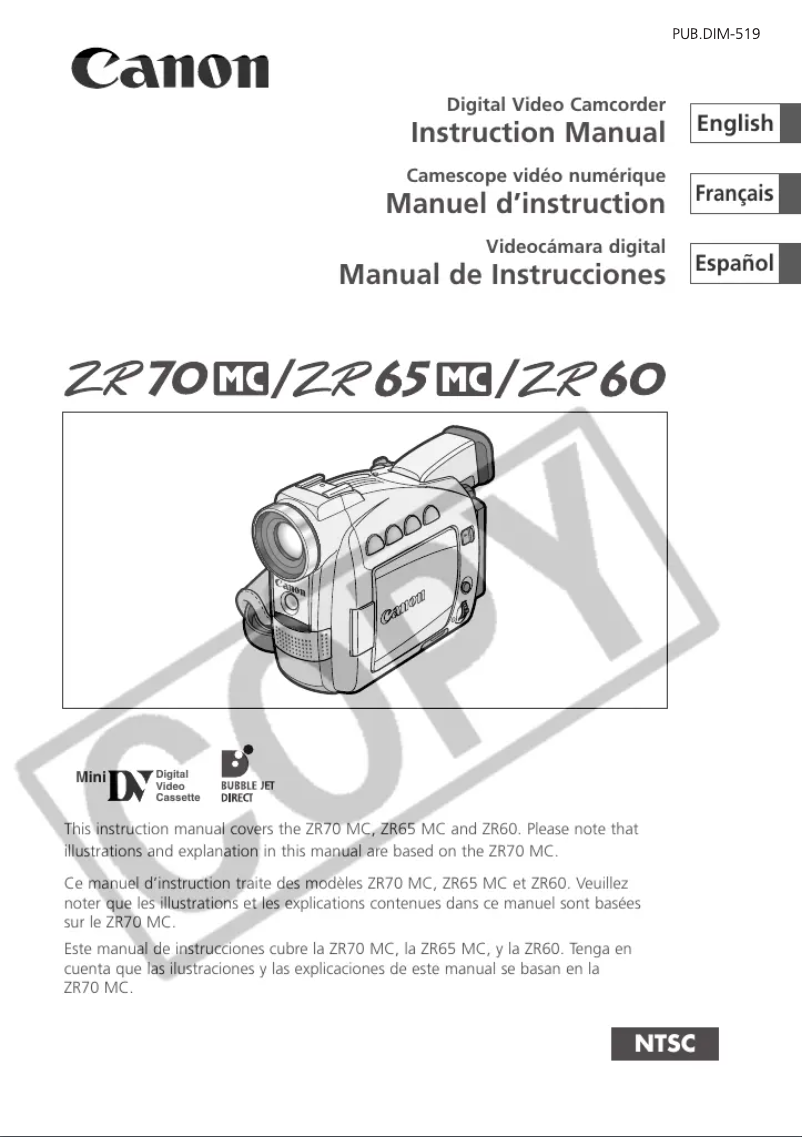 Page 1 de la notice Manuel utilisateur Canon ZR70MC