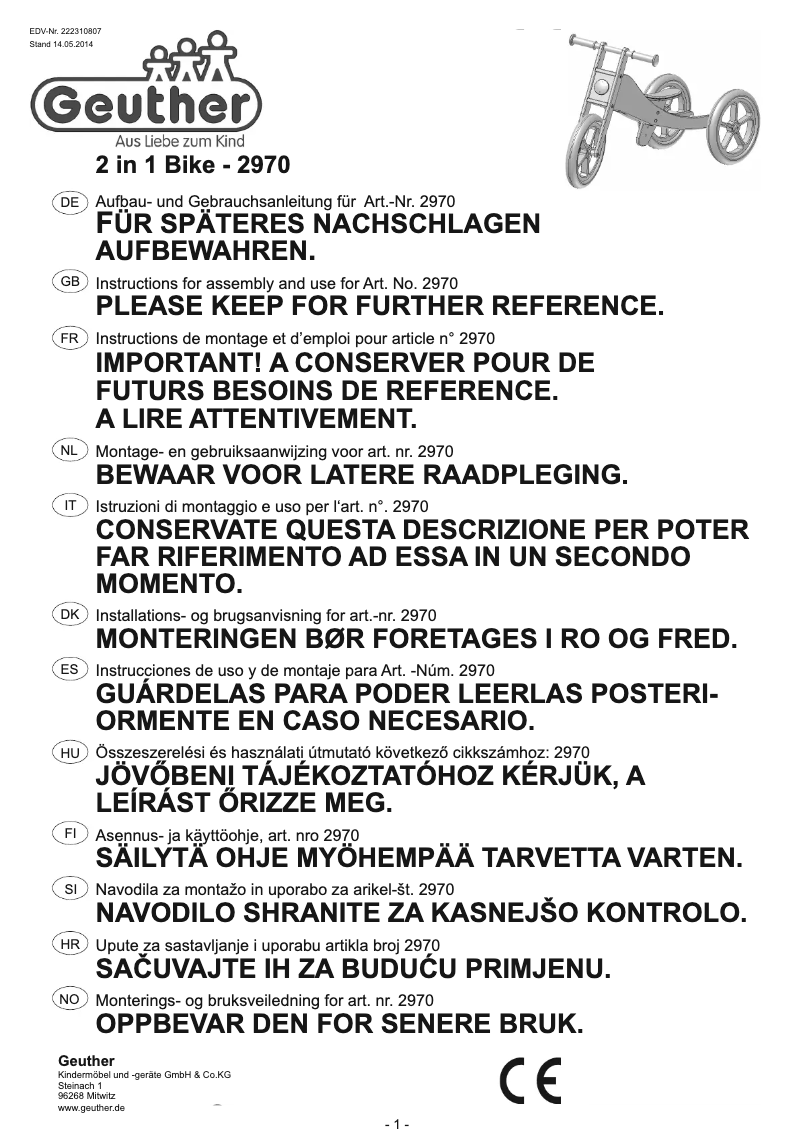 Image de la première page du manuel de l'appareil 2in1 Bike 2970