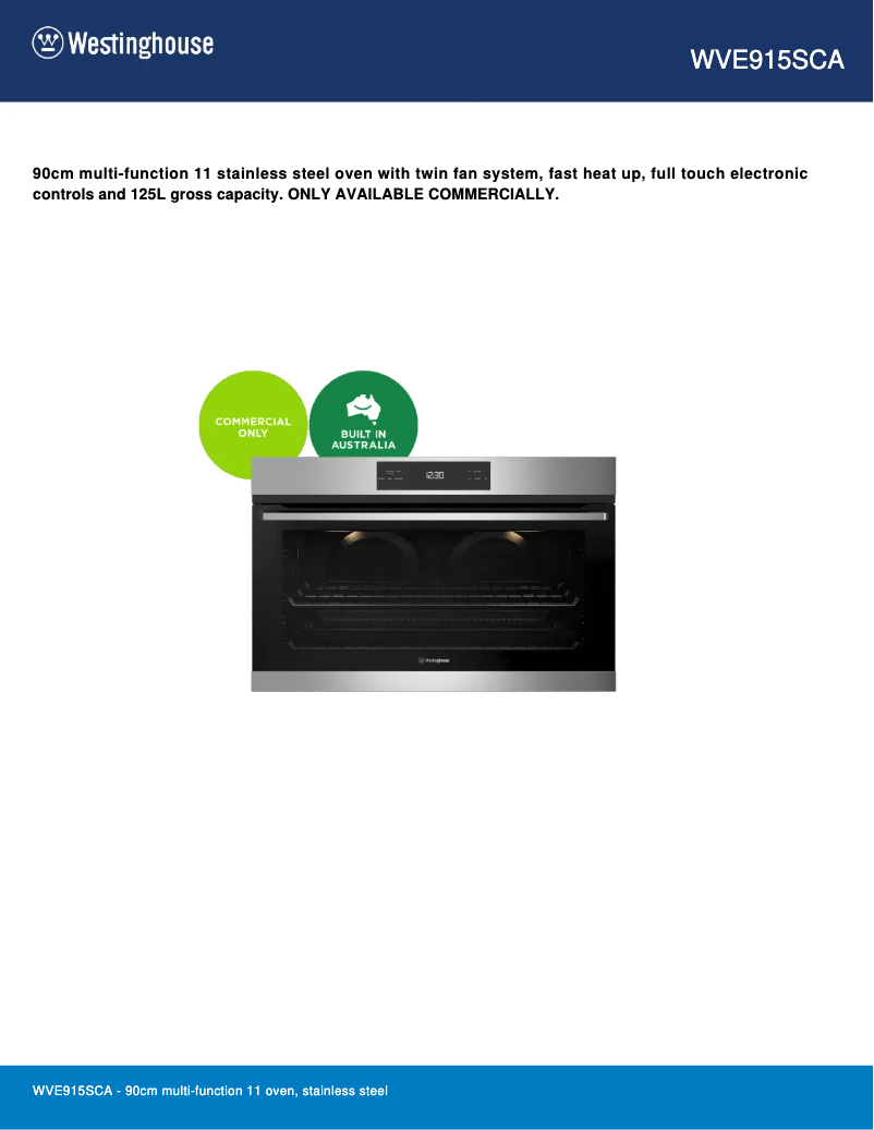 Page n°1 - Fiche technique Westinghouse WVE915SCA