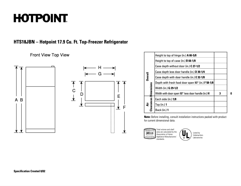 Page 1 de la notice Fiche technique Hotpoint HTS18JBNWW