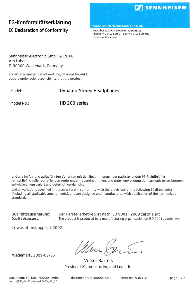 Page n°1 - Manuel utilisateur Sennheiser HD 203