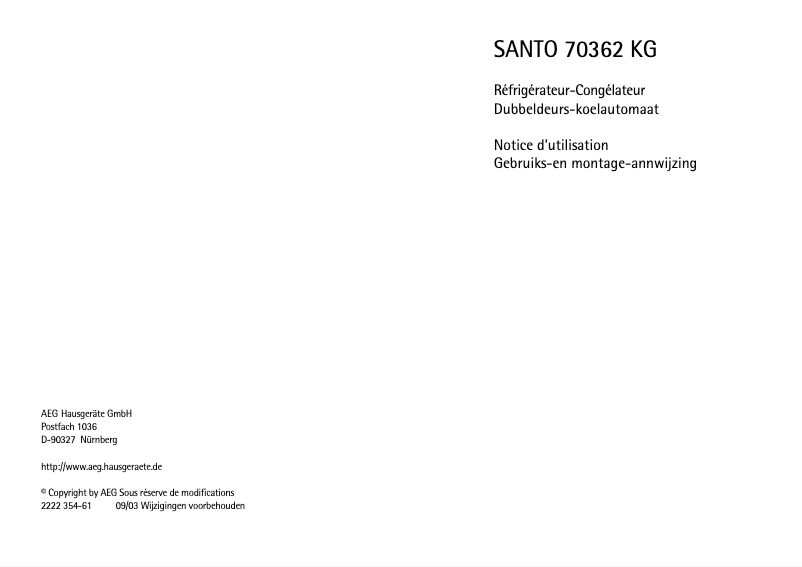 Page 1 de la notice Manuel utilisateur AEG Santo 70362 KG