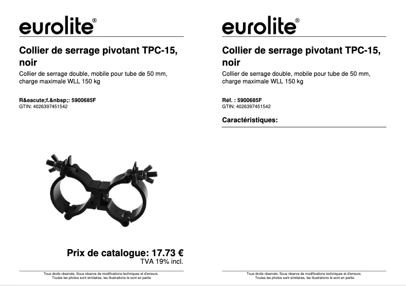 Page 1 de la notice Fiche technique Eurolite TPC-15