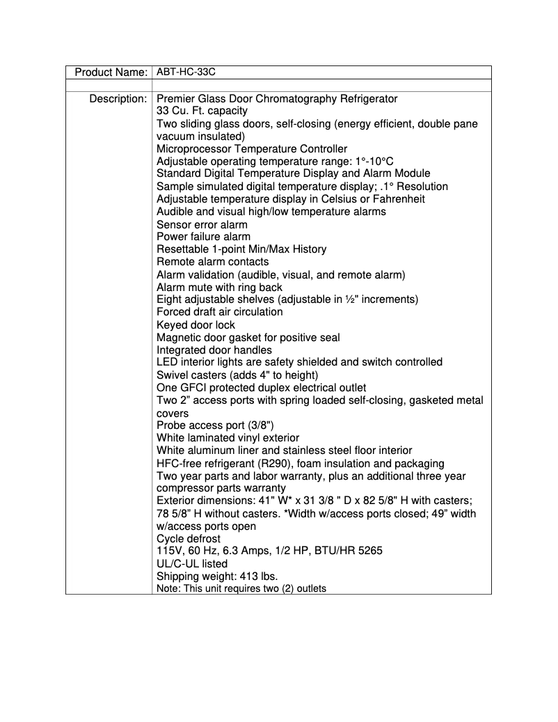 Page 1 de la notice Fiche technique American BioTech Supply ABT-HC-33C