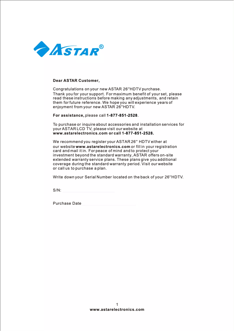 Page n°1 - Manuel utilisateur Astar LTV-26HBG