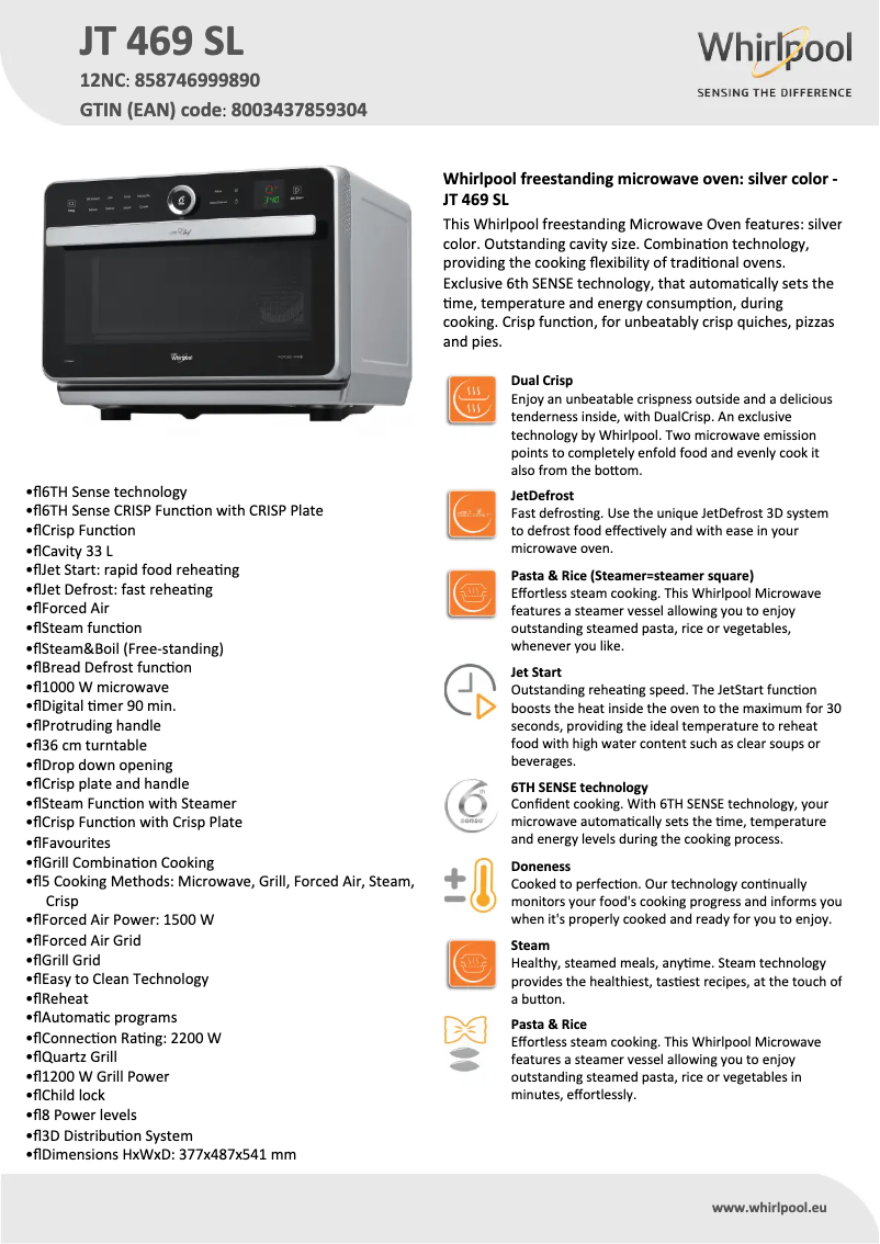 Page 1 de la notice Fiche technique Whirlpool JT 469 SL