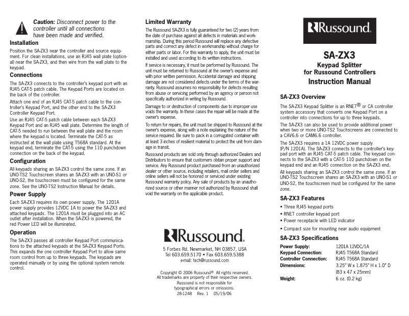 Page n°1 - Manuel utilisateur Russound SA-ZX3
