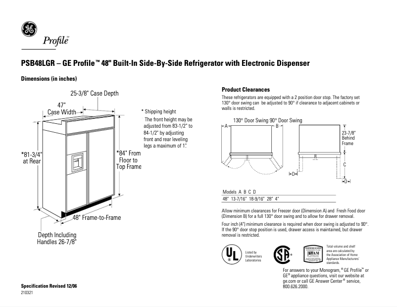 Page n°1 - Fiche technique GE PSB48LGRWV