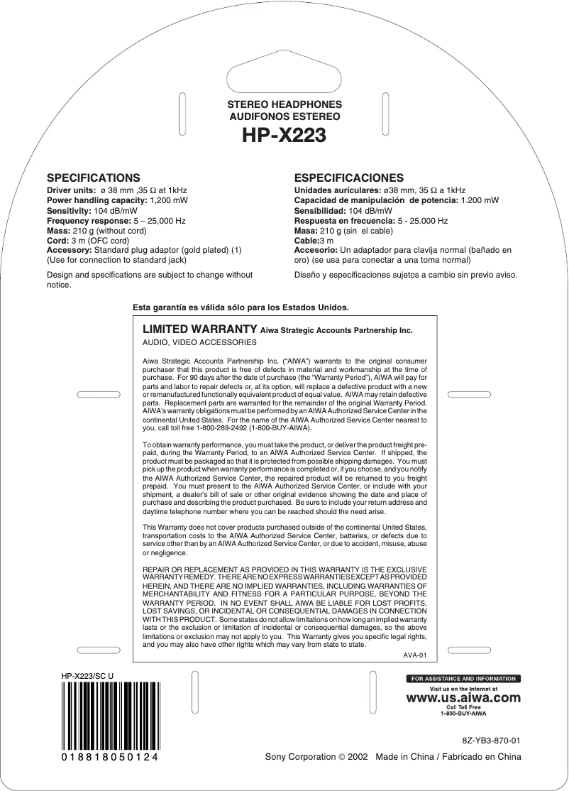 Page 1 de la notice Manuel utilisateur Aiwa HP-X223