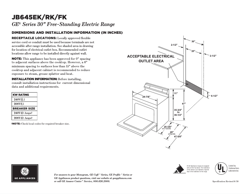Page 1 of the manual Technical Sheet GE JB645EKES