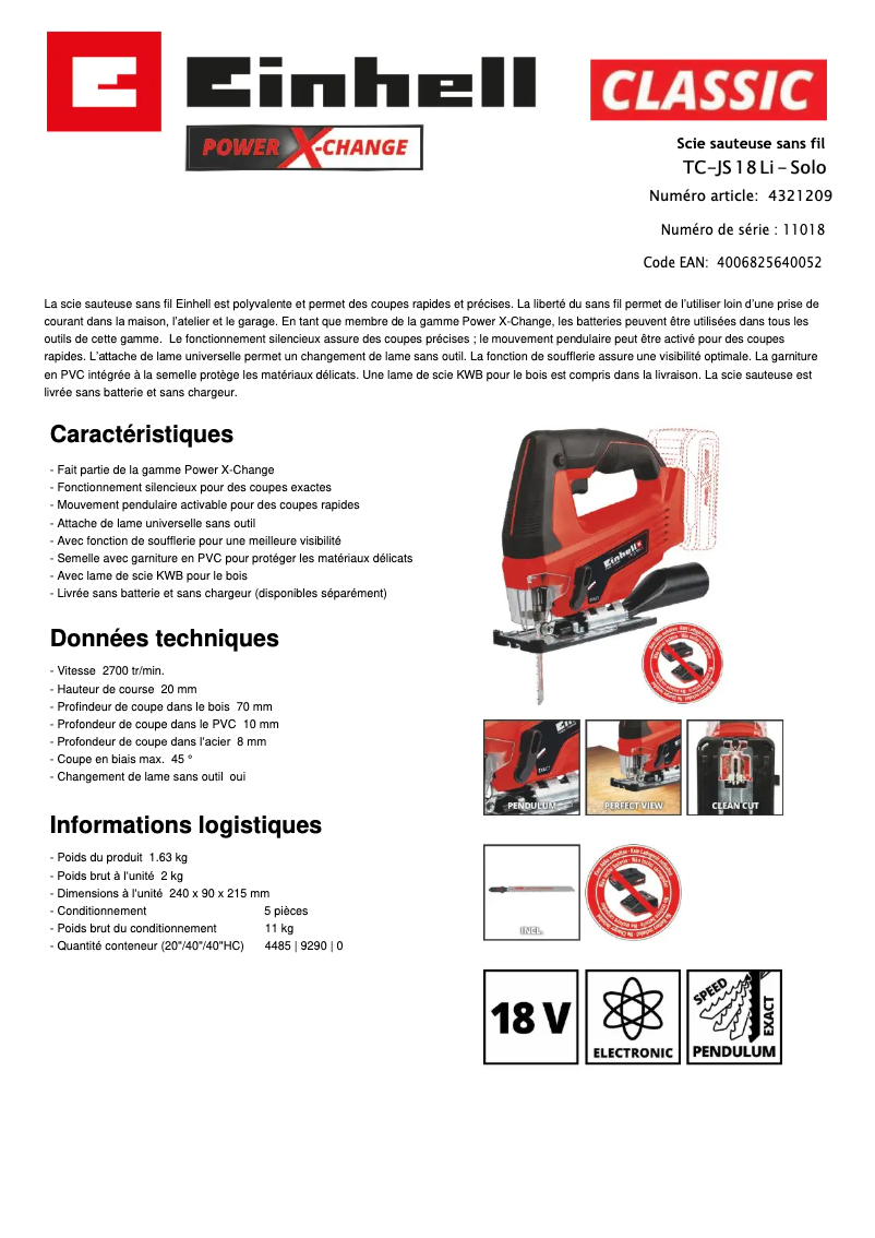 Page 1 de la notice Fiche technique Einhell TC-JS 18 Li