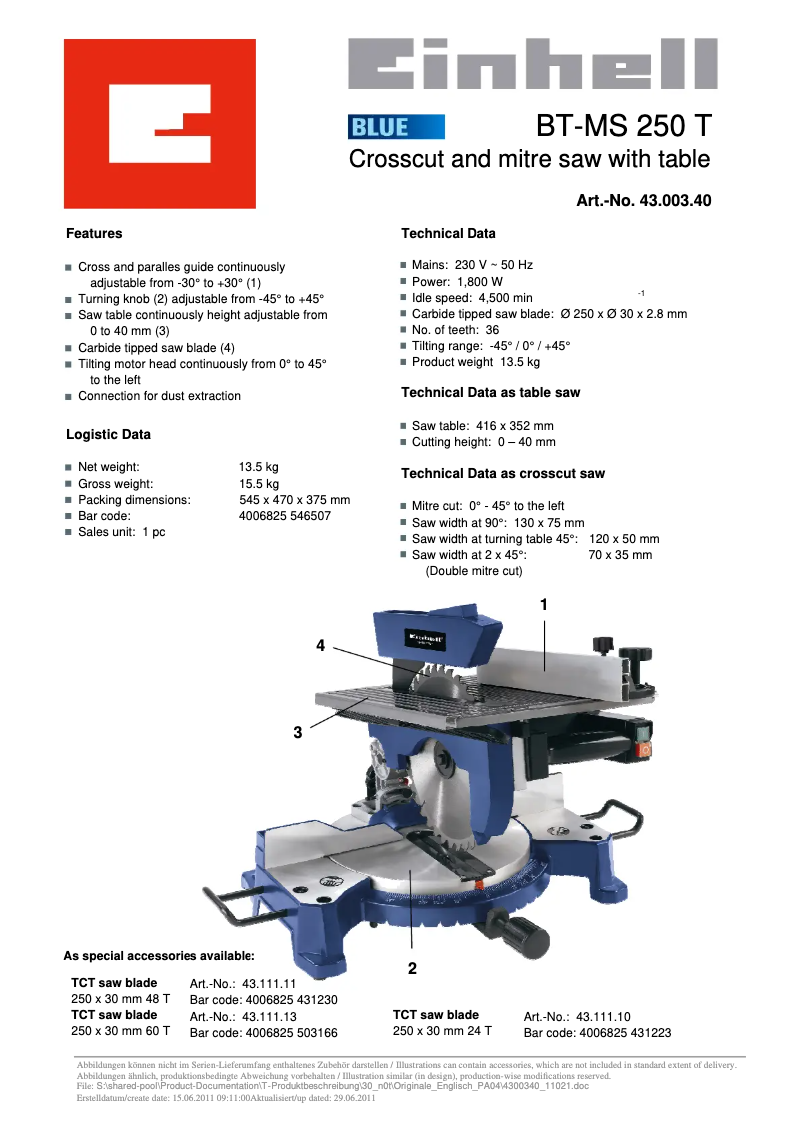 Page 1 de la notice Manuel utilisateur Einhell BT-MS 250 T