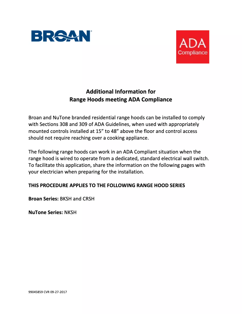 Page 1 de la notice Instructions / montage Broan BKSH130SS