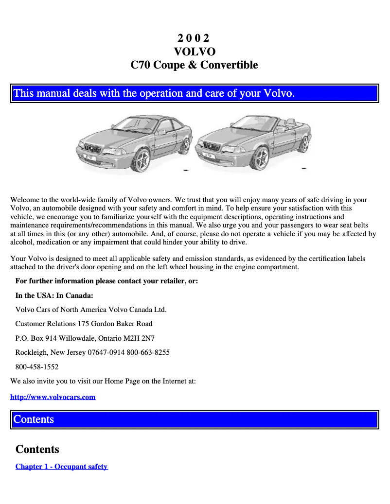 Page 1 of the manual User Manual Volvo C70 (2002)