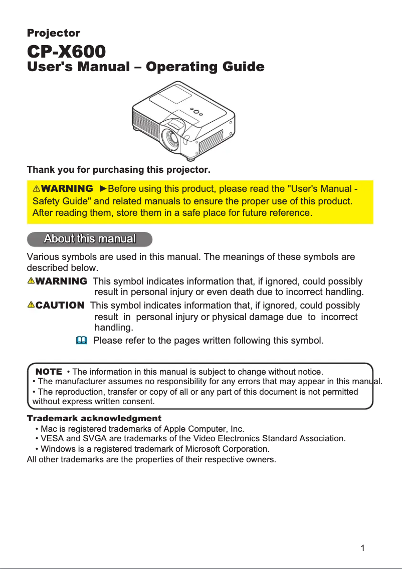 Page n°1 - Manuel utilisateur Hitachi CP-X600