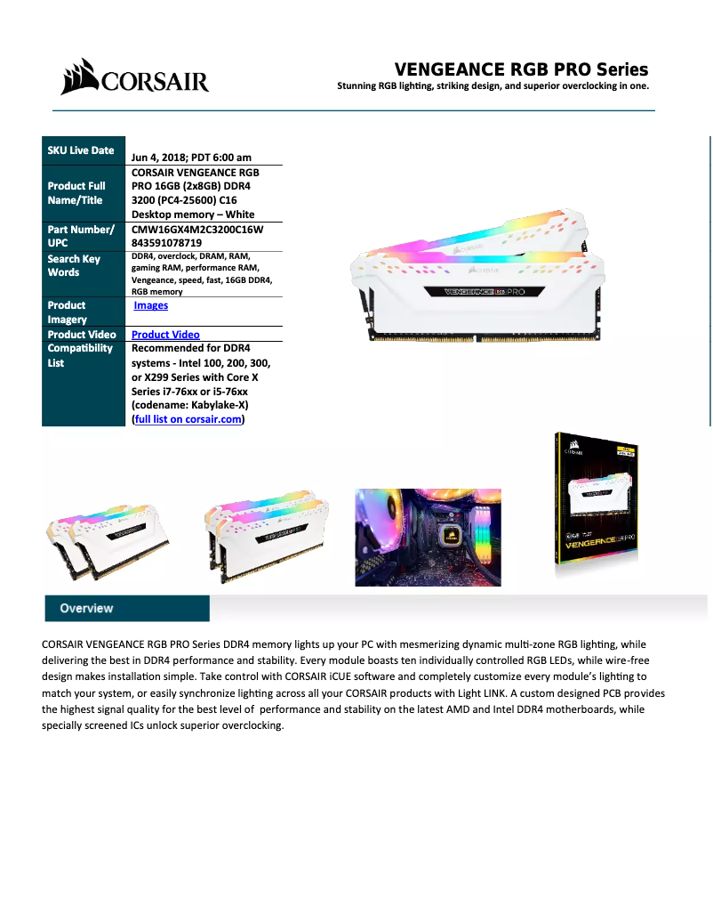 Page 1 de la notice Manuel utilisateur Corsair DDR4 DIMM 3200 Mhz/16