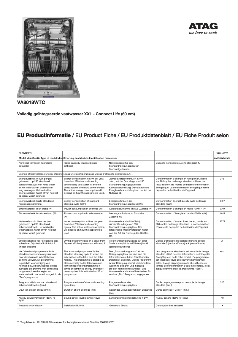 Page n°1 - Fiche technique Atag VA8018WTC