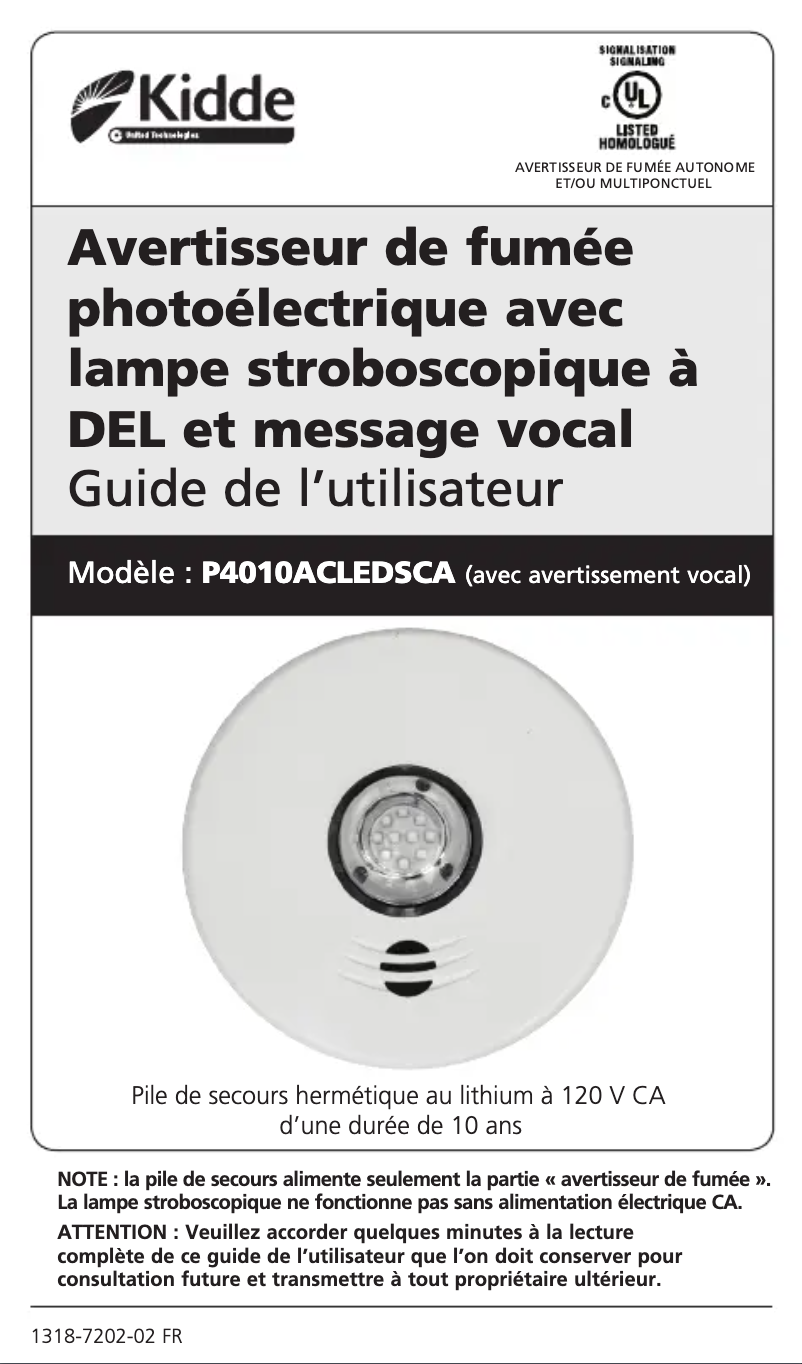 Page 1 de la notice Manuel utilisateur Kidde P4010ACLEDSCA