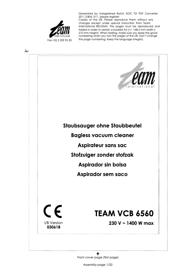 Página 1 del manual Manual de usuario Team VCB 6560