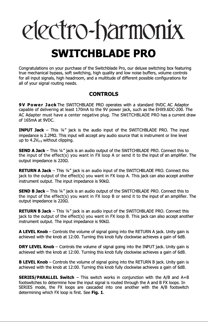 Page 1 de la notice Manuel utilisateur Electro Harmonix Switchblade Pro