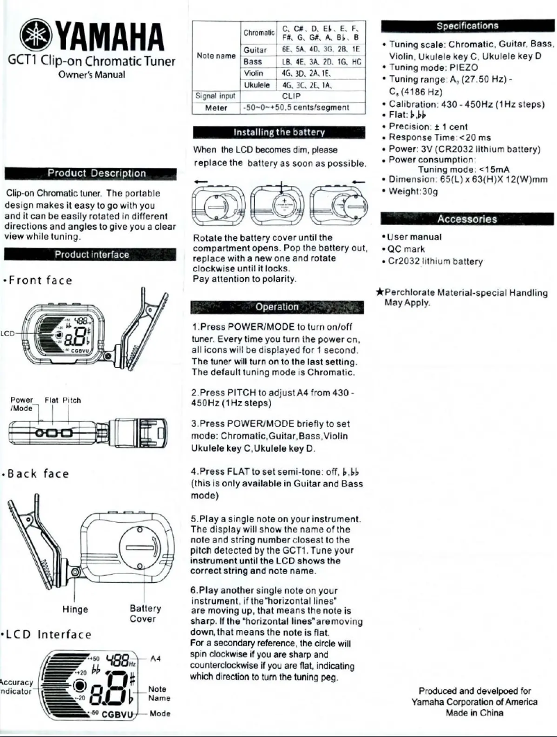 Page 1 de la notice Manuel utilisateur Yamaha GCT1