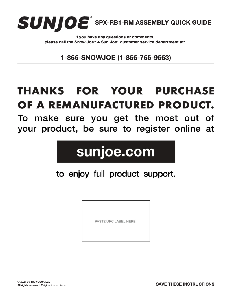 Page n°1 - Manuel utilisateur Sun Joe SPX-RB1-RM