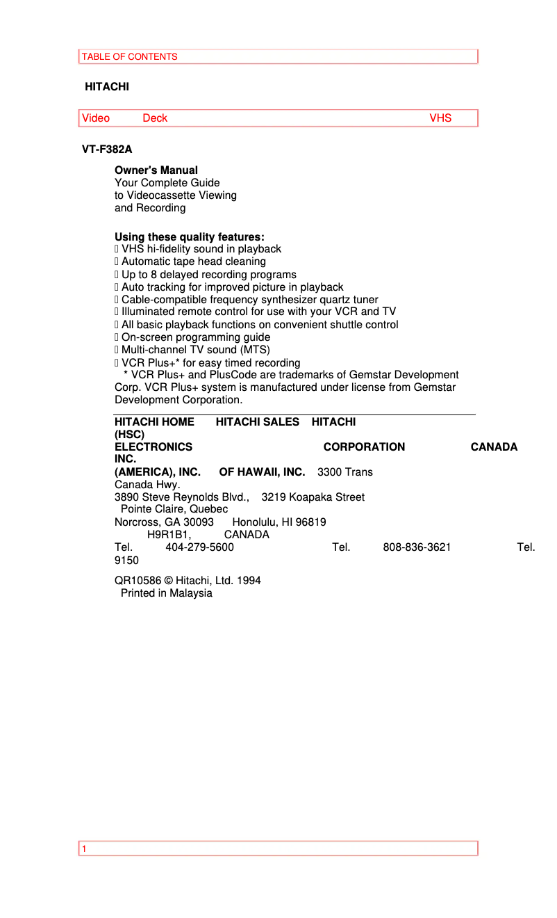 Page n°1 - Manuel utilisateur Hitachi VT-F382A