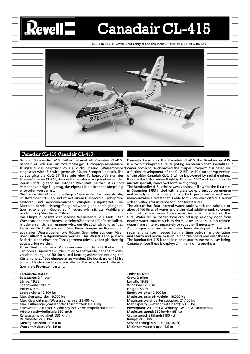 Page n°1 - Manuel utilisateur Revell Canadair BOMBADIER CL-415