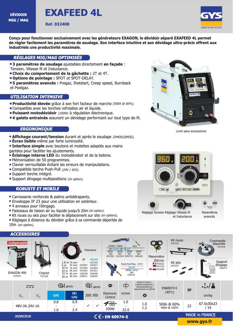 Page 1 de la notice Fiche technique GYS Exafeed 4L