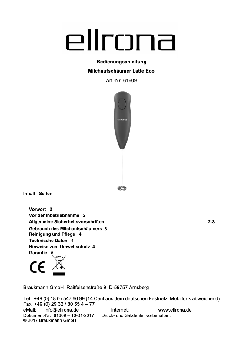 Page 1 de la notice Manuel utilisateur Ellrona Latte Eco 61609