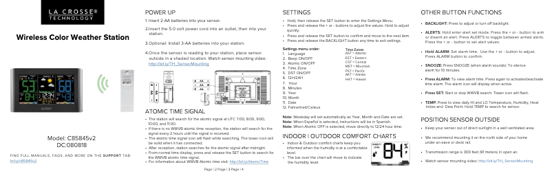 Page n°1 - Guide de démarrage rapide La Crosse Technology C85845V2