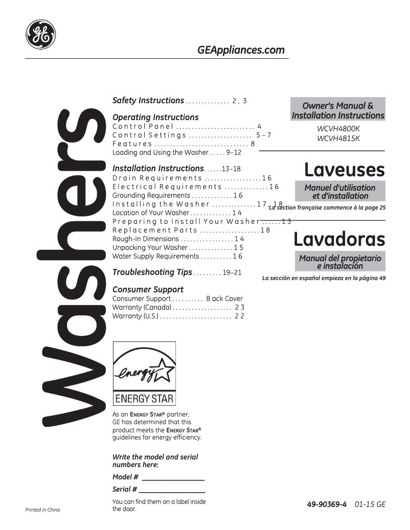 Imagen de la primera página del manual del dispositivo WCVH4800KWW