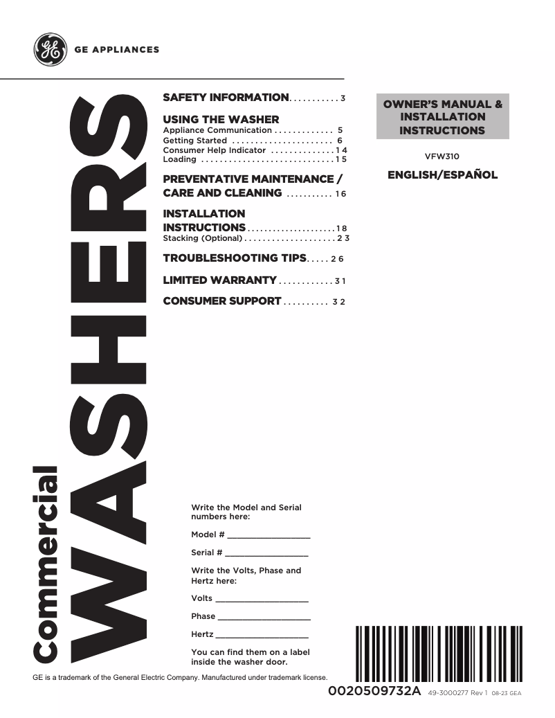 Image de la première page du manuel de l'appareil VFW310SSRWW