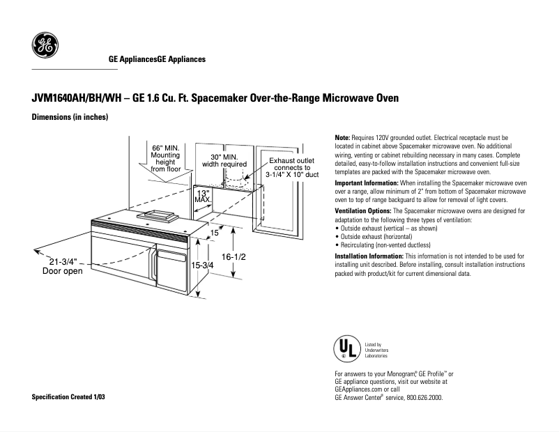 Page n°1 - Fiche technique GE JVM1640BH
