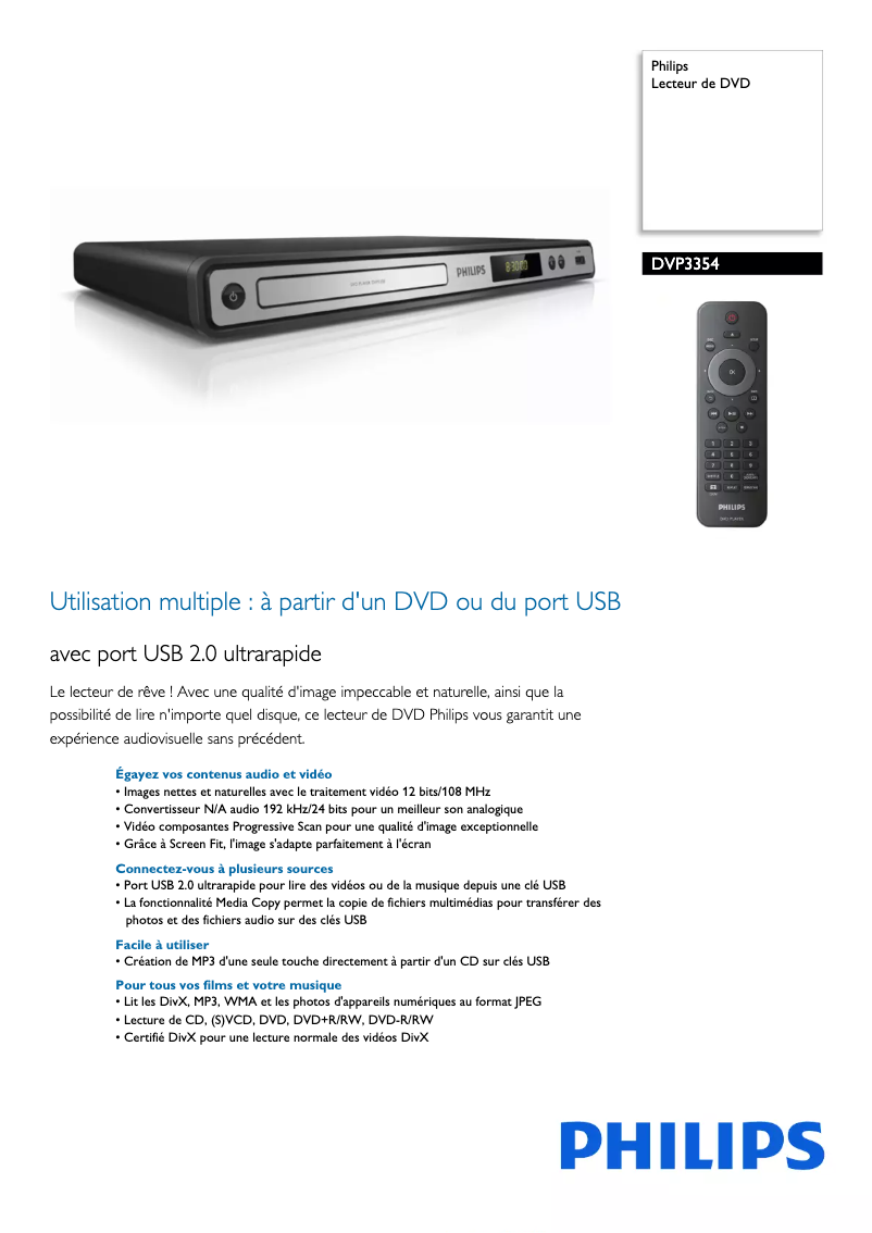 Page 1 de la notice Fiche technique Philips DVP3354
