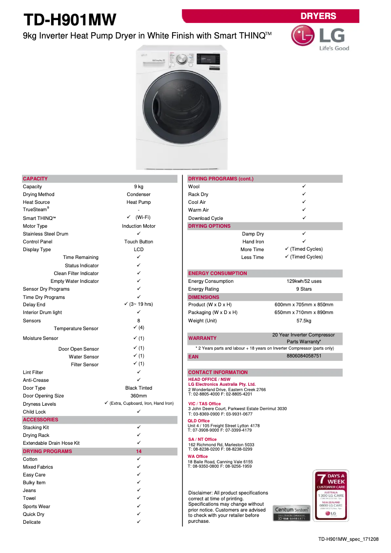 Page n°1 - Fiche technique LG TD-H901MW