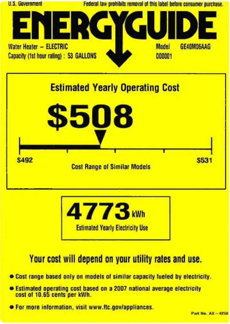 Page 1 de la notice Label énergétique GE GE40M06AAG