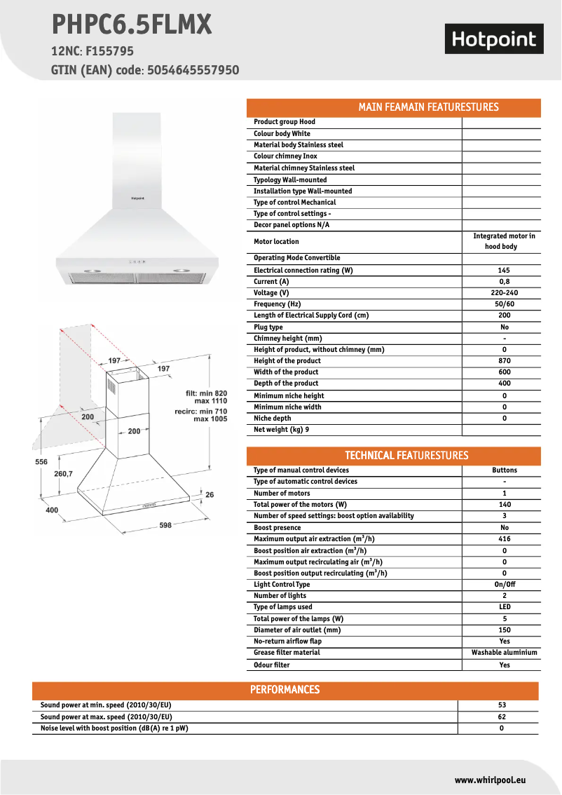 Page 1 de la notice Fiche technique Hotpoint PHPC6.5FLMX