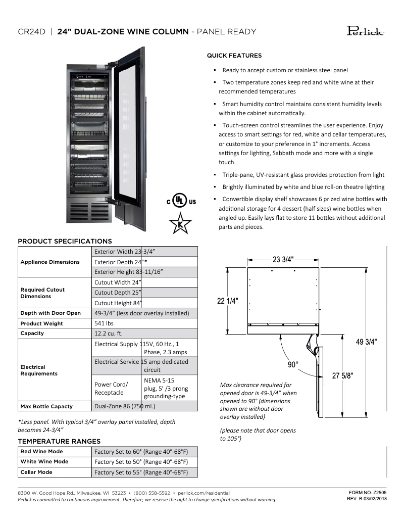 Page 1 de la notice Fiche technique Perlick CR24D-1-4L