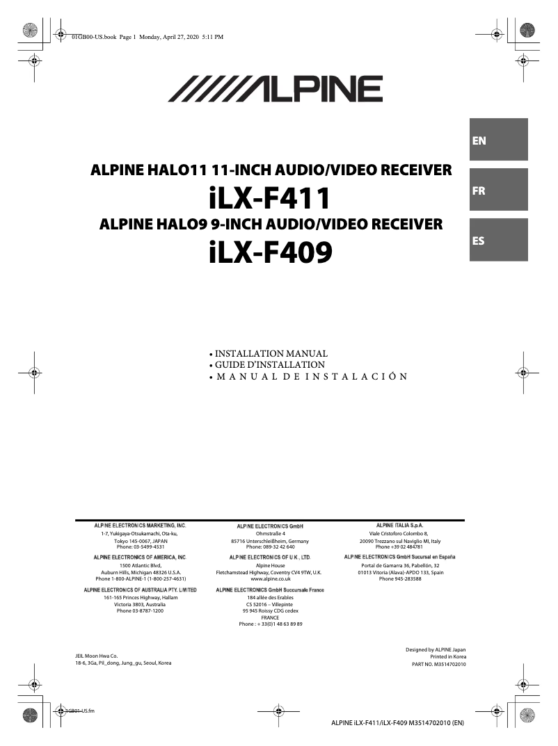 Page n°1 - Guide d'installation Alpine Halo11 iLX-F411