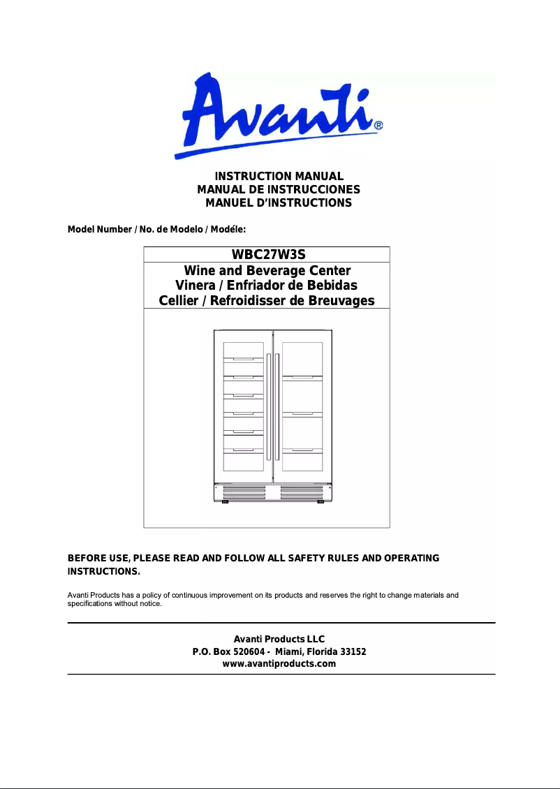 Page 1 de la notice Manuel utilisateur Avanti WBC27W3S