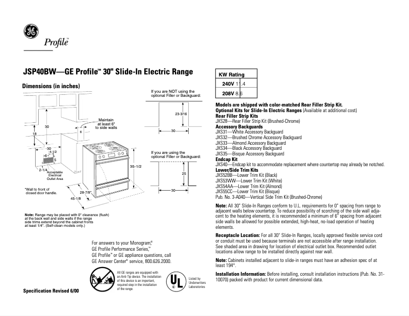 Page n°1 - Fiche technique GE Profile JSP40BWBB